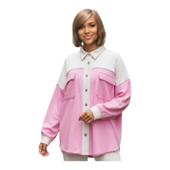 POL Shacket Jacket Shirt Colorblock Pink Long Sleeve Button Down Large  NWOT - Picture 1 of 7